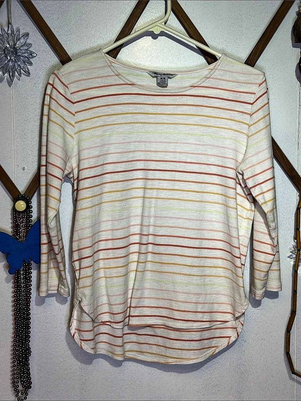 Tommy Bahama Striped Cotton Long Sleeve Top in White & Orange Size Medium